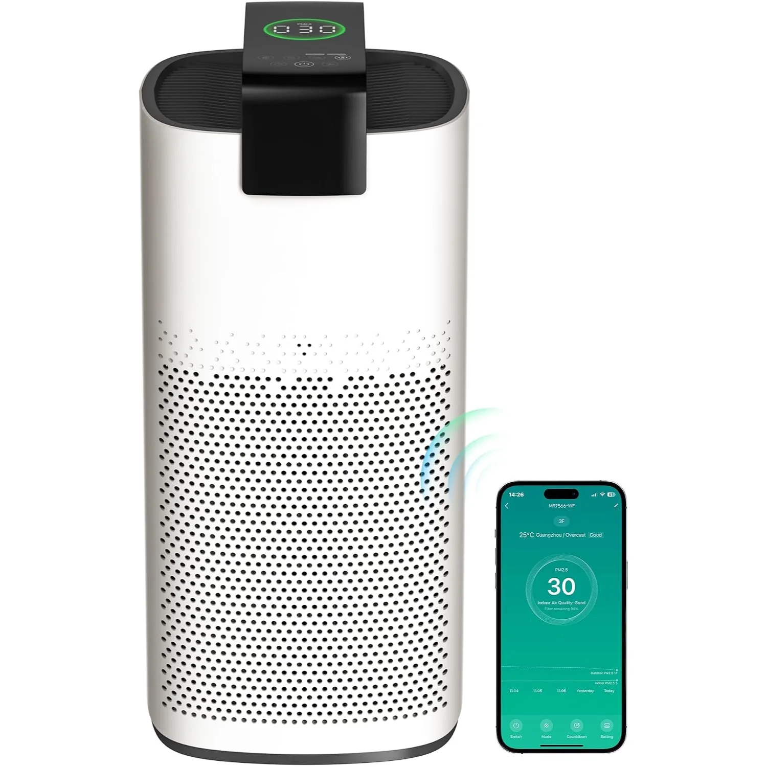 MERONTE tower air purifier standing in a living room